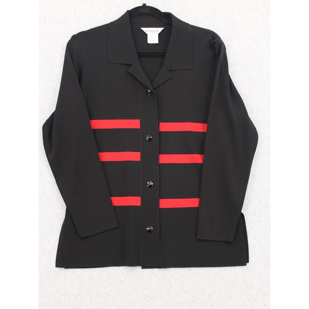 Misook Black Red Striped Button Front Knit Jacket Size S Professional‎